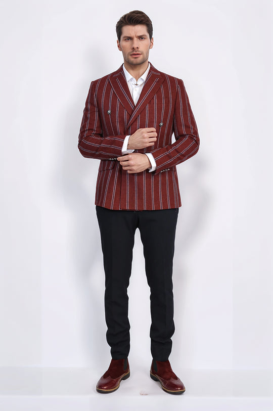 Striped Double-Breasted Burgundy Blazer, Navy Pants, White Shirt Outfit - Wessi - Timeless Office Outfit