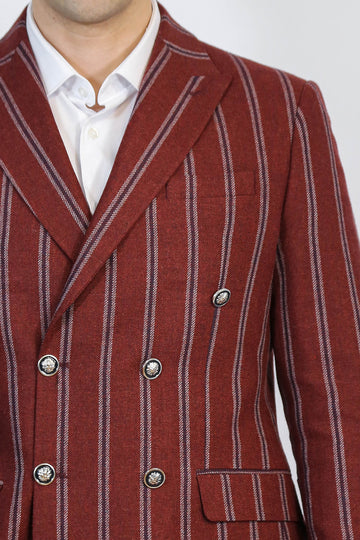 Striped Double-Breasted Burgundy Blazer, Navy Pants, White Shirt Outfit - Wessi - Timeless Office Outfit
