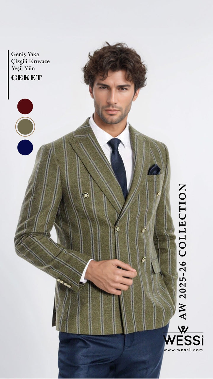 Wide Lapel Striped Double Breasted Green Men Blazer - Wessi