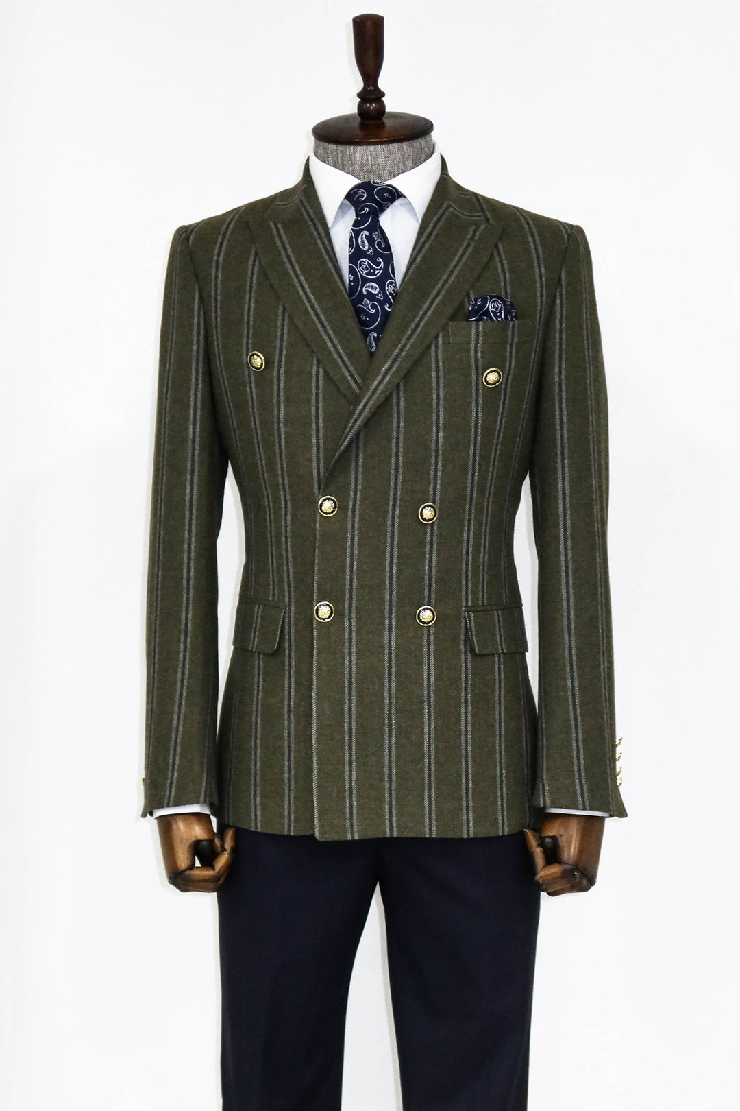 Wide Lapel Striped Double Breasted Green Men Blazer and Trousers Combination- Wessi