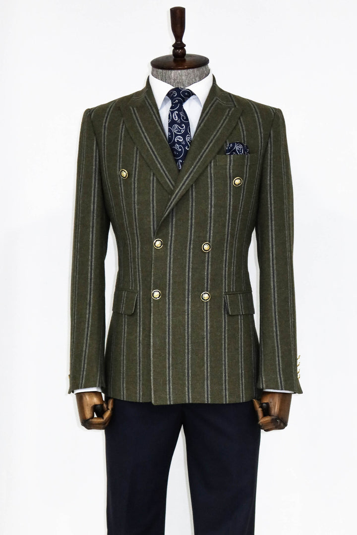 Giacca e pantaloni combinati a doppio petto a righe con ampio risvolto Green da uomo - Wessi
