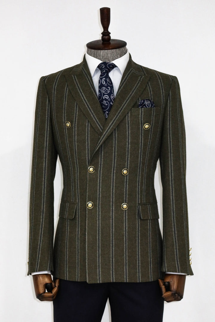 Wide Lapel Striped Double Breasted Green Men Blazer and Trousers Combination- Wessi