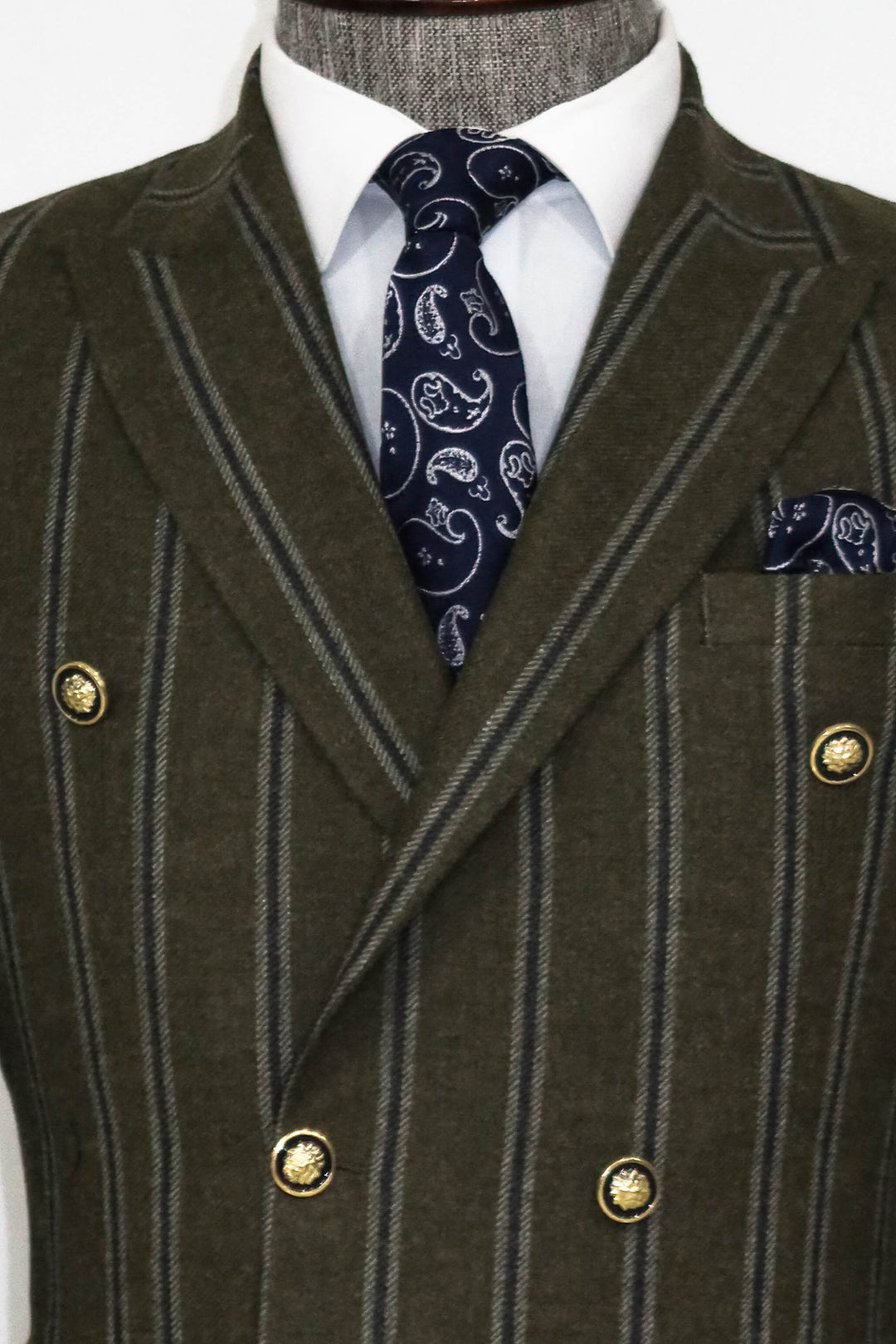Giacca e pantaloni combinati a doppio petto a righe con ampio risvolto Green da uomo - Wessi