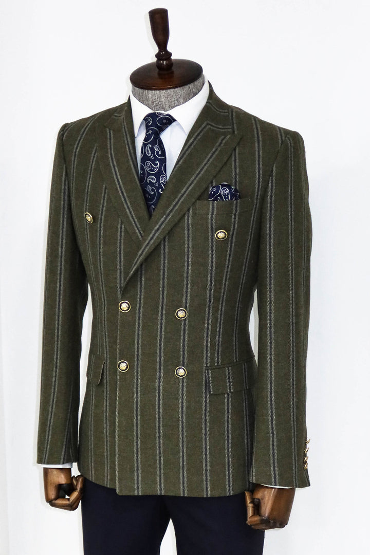 Wide Lapel Striped Double Breasted Green Men Blazer and Trousers Combination- Wessi