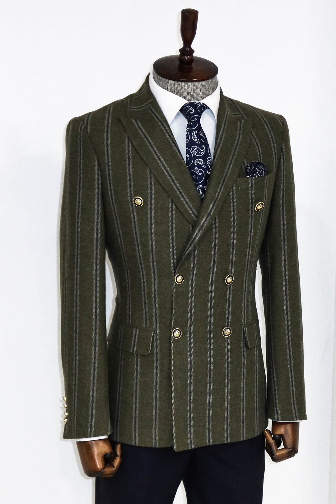 Wide Lapel Striped Double Breasted Green Men Blazer and Trousers Combination- Wessi