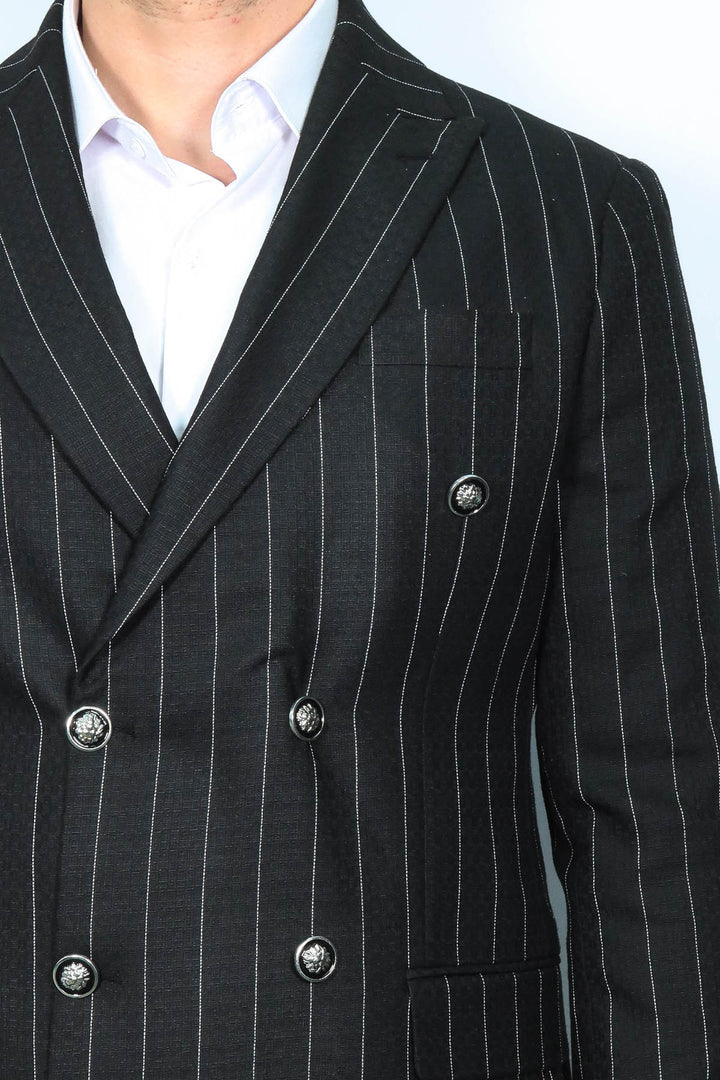 Double Breasted Slim Fit Striped Black Men Blazer - Wessi