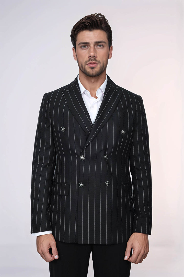 Double Breasted Slim Fit Striped Black Men Blazer - Wessi