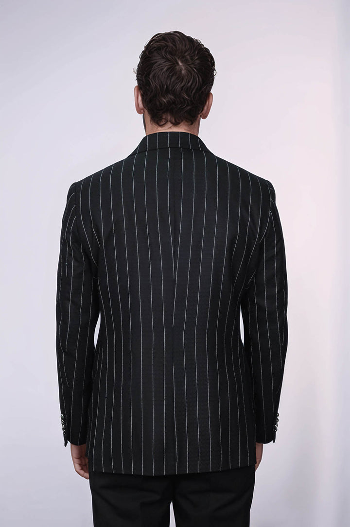 Double Breasted Slim Fit Striped Black Men Blazer - Wessi