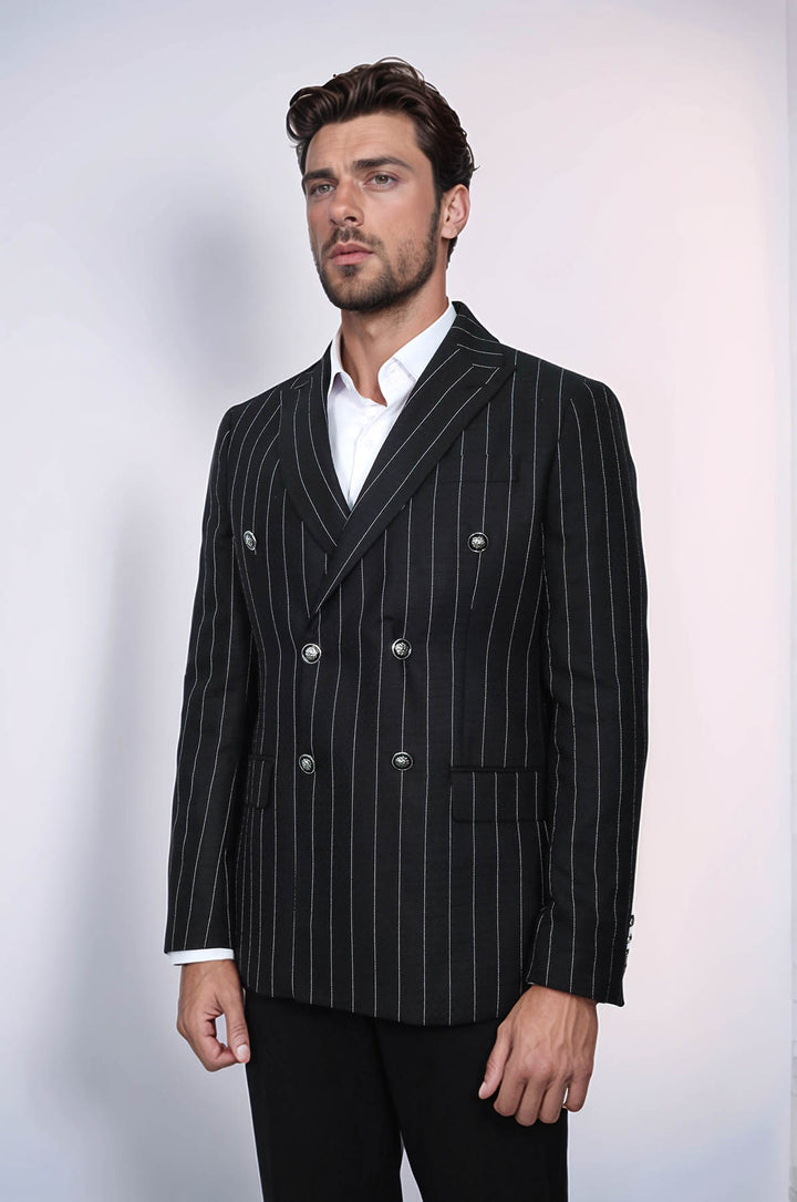 Double Breasted Slim Fit Striped Black Men Blazer - Wessi