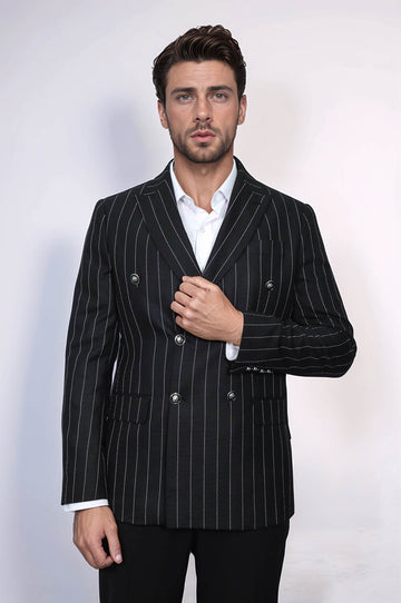Blazer de hombre negro con doble botonadura y corte slim a rayas - Wessi