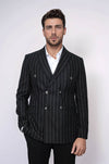 Double Breasted Slim Fit Striped Black Men Blazer - Wessi