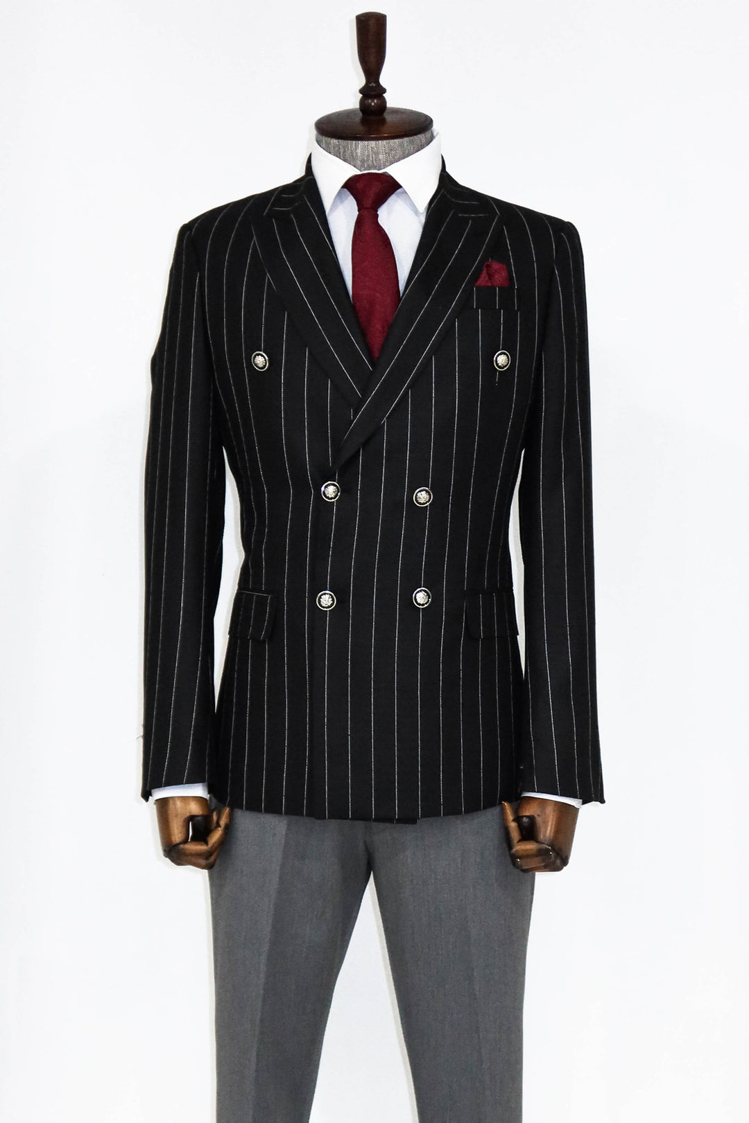 Double Breasted Slim Fit Striped Black Men Blazer and Trousers Combination- Wessi