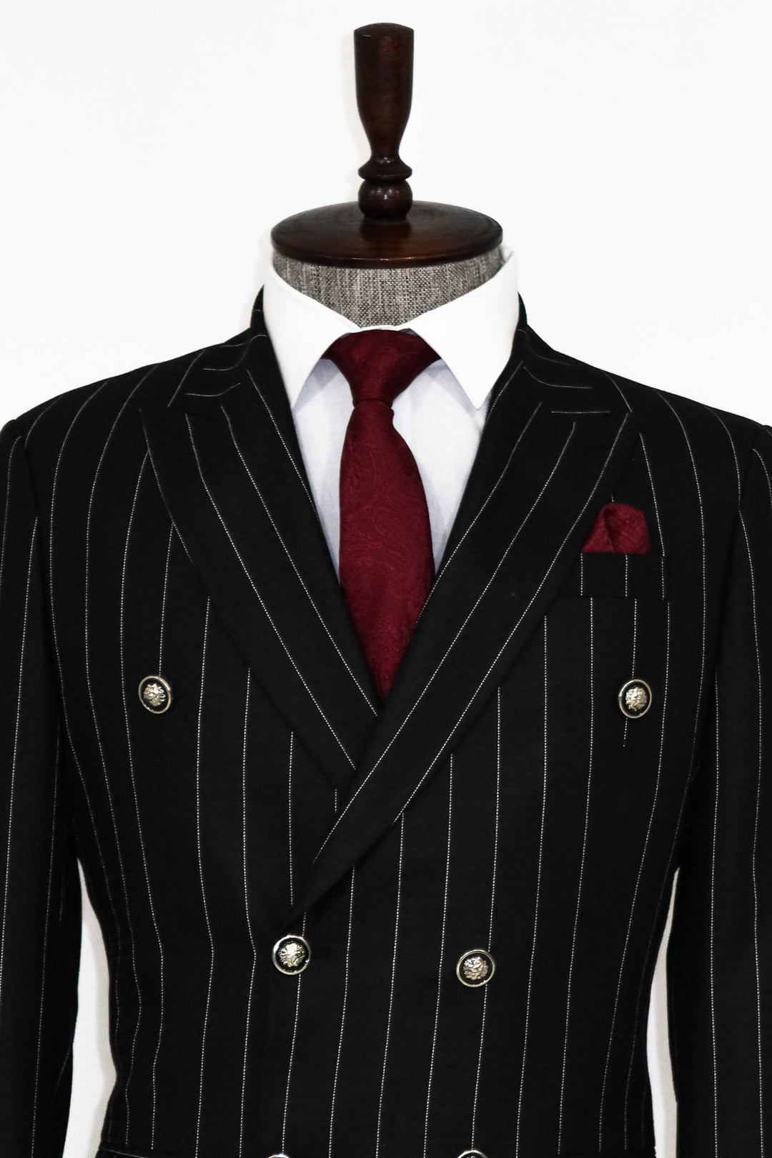 Double Breasted Slim Fit Striped Black Men Blazer and Trousers Combination- Wessi