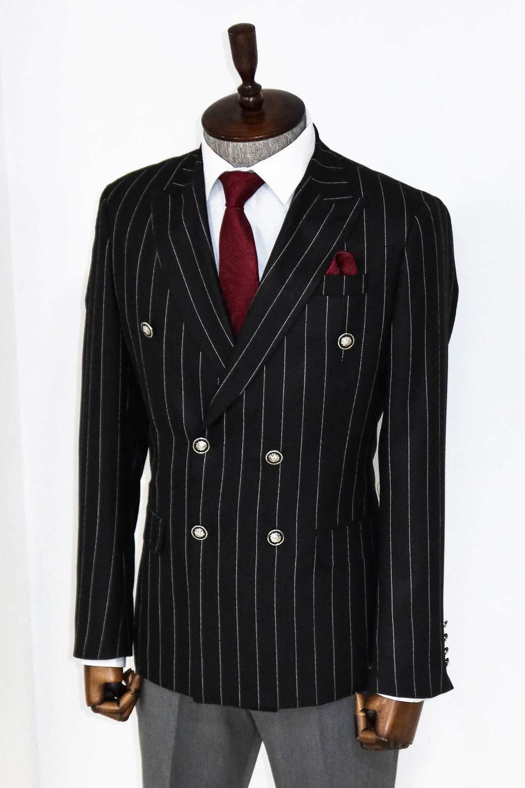 Double Breasted Slim Fit Striped Black Men Blazer and Trousers Combination- Wessi