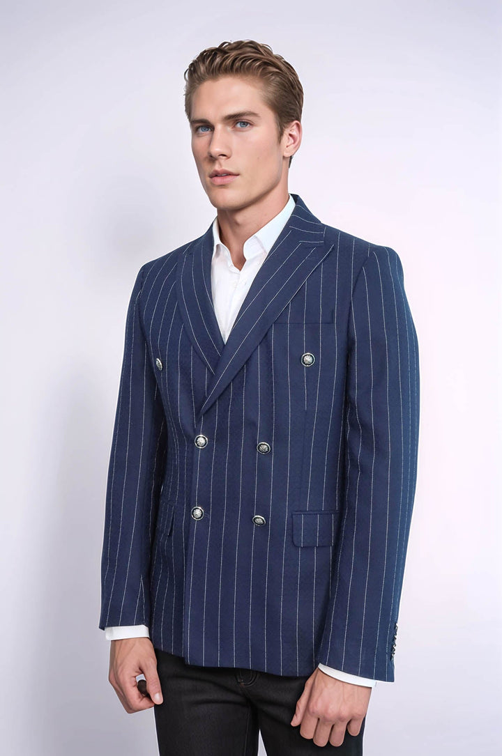 Double Breasted Slim Fit Striped Navy Blue Men Blazer - Wessi