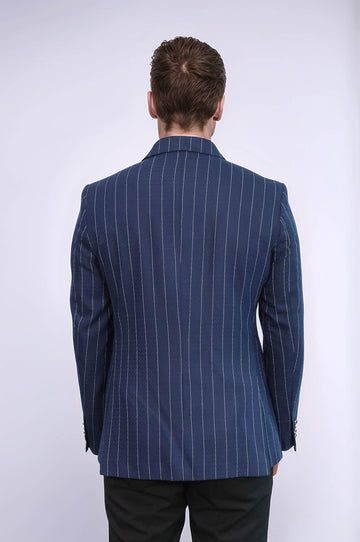 Double Breasted Slim Fit Striped Navy Blue Men Blazer - Wessi