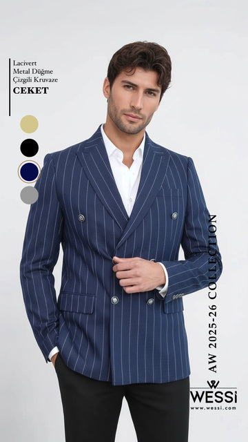 Double Breasted Slim Fit Striped Navy Blue Men Blazer - Wessi