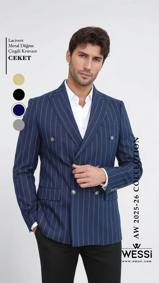 Double Breasted Slim Fit Striped Navy Blue Men Blazer - Wessi