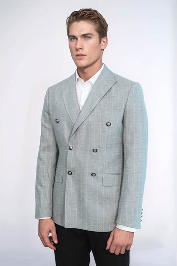 Double Breasted Slim Fit Striped Grey Men Blazer - Wessi