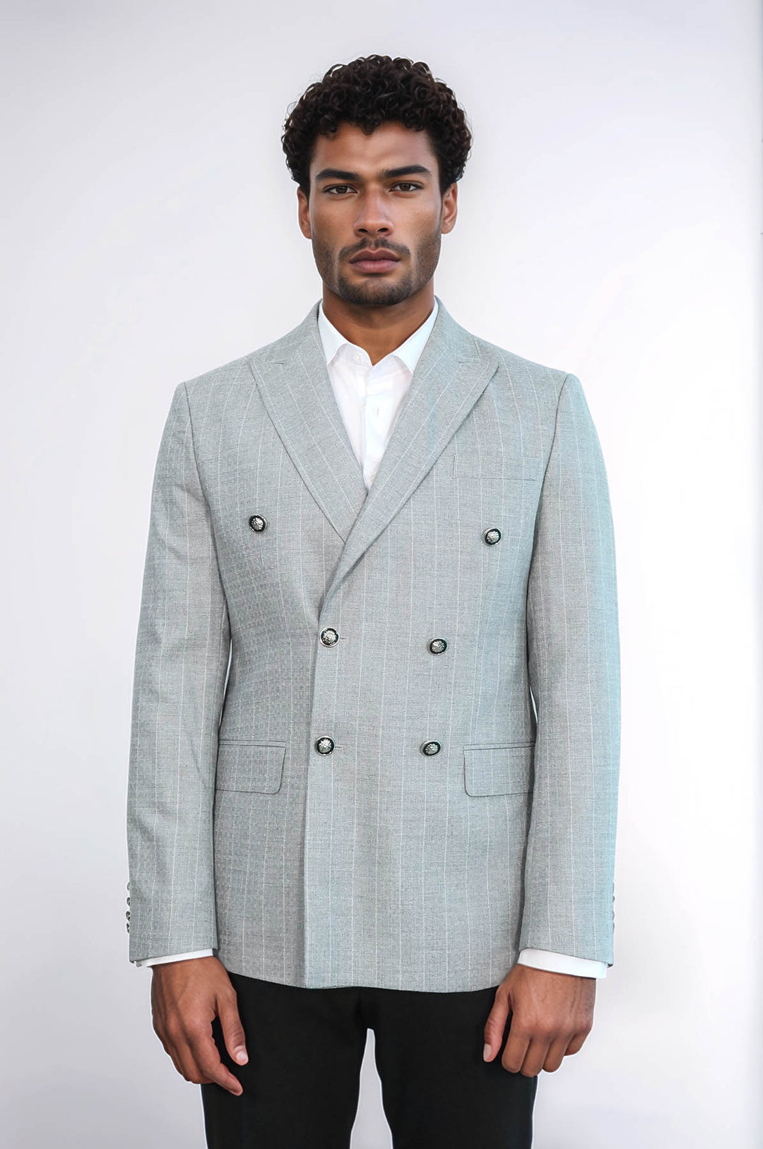 Double Breasted Slim Fit Striped Grey Men Blazer - Wessi