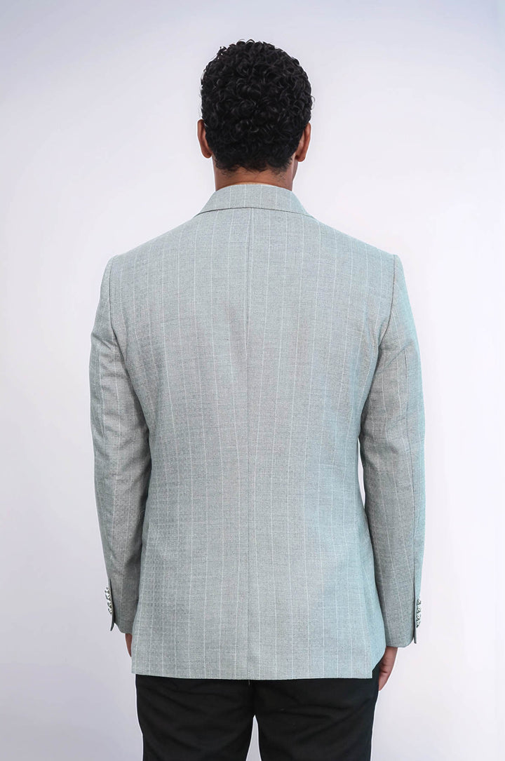 Double Breasted Slim Fit Striped Grey Men Blazer - Wessi