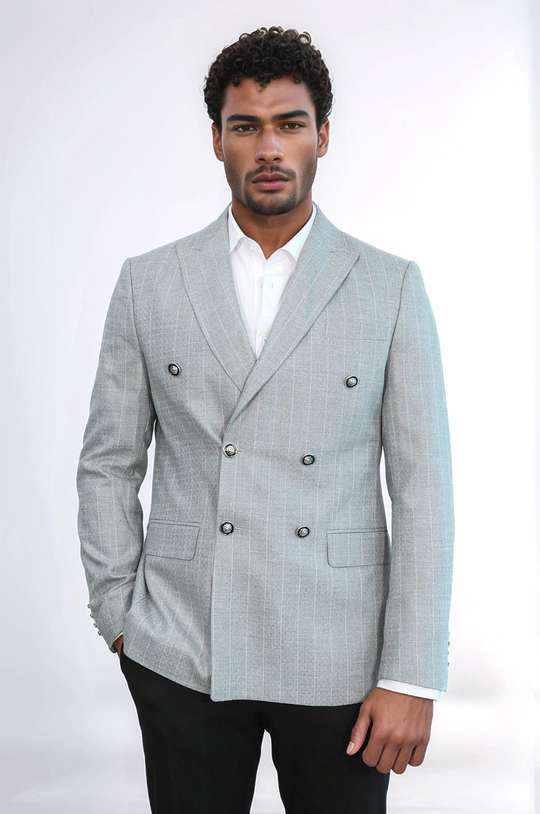 Double Breasted Slim Fit Striped Grey Men Blazer - Wessi