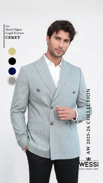 Double Breasted Slim Fit Striped Grey Men Blazer - Wessi