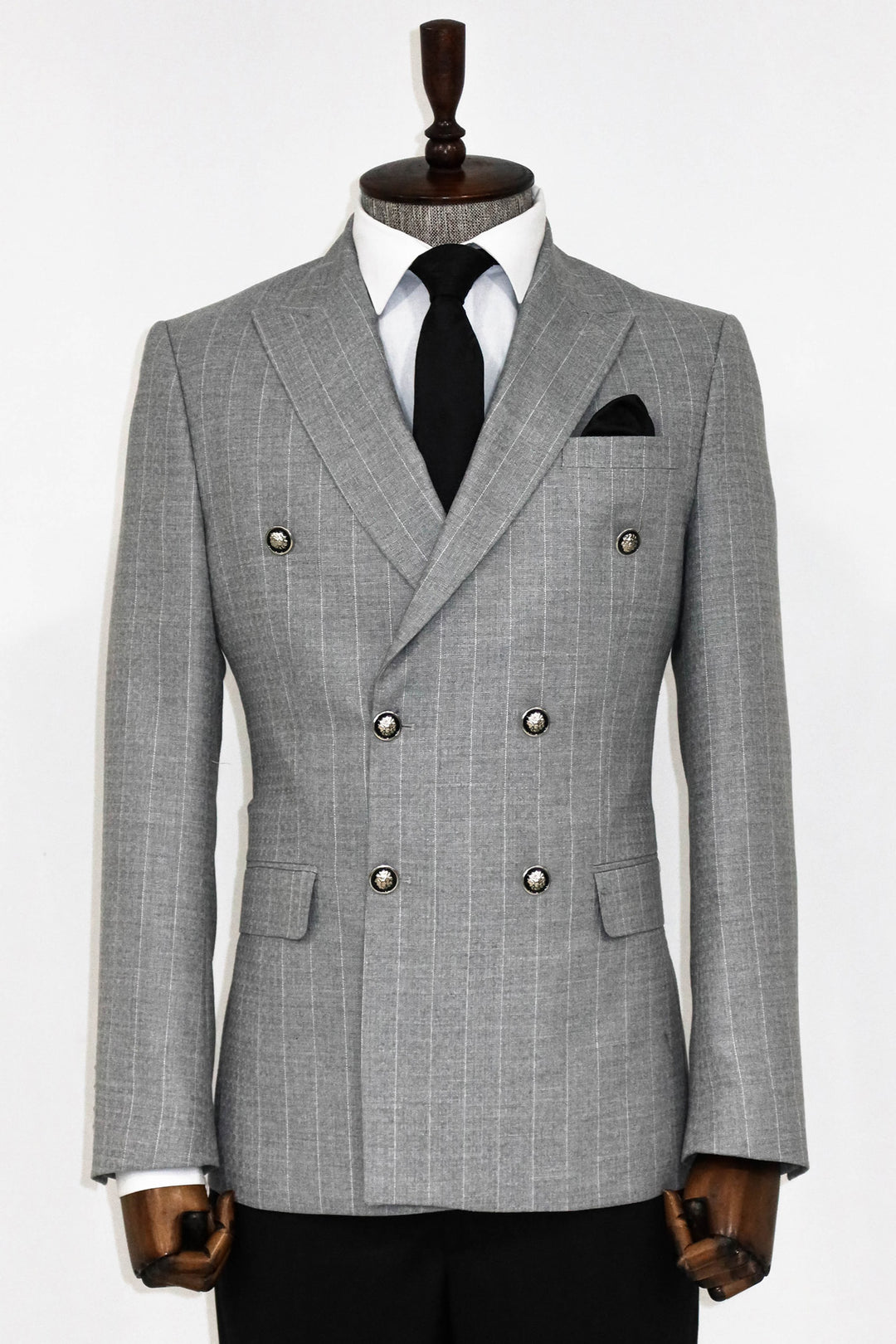 Double Breasted Slim Fit Striped Grey Men Blazer and Trousers Combination - Wessi