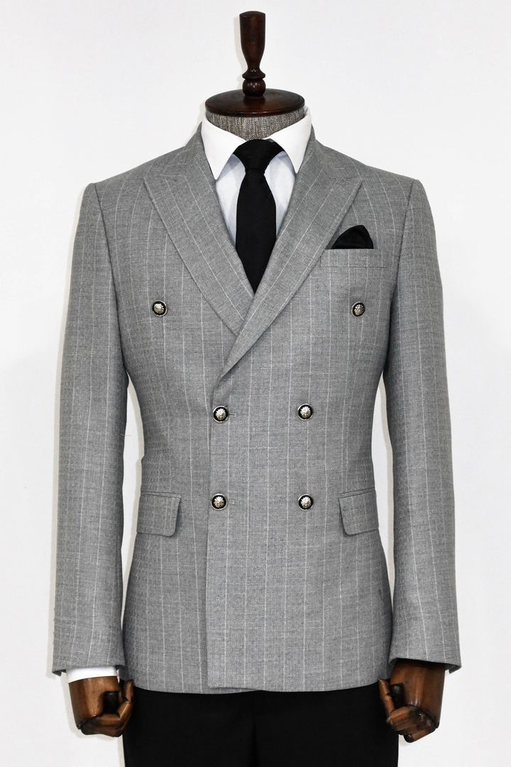 Double Breasted Slim Fit Striped Grey Men Blazer and Trousers Combination - Wessi