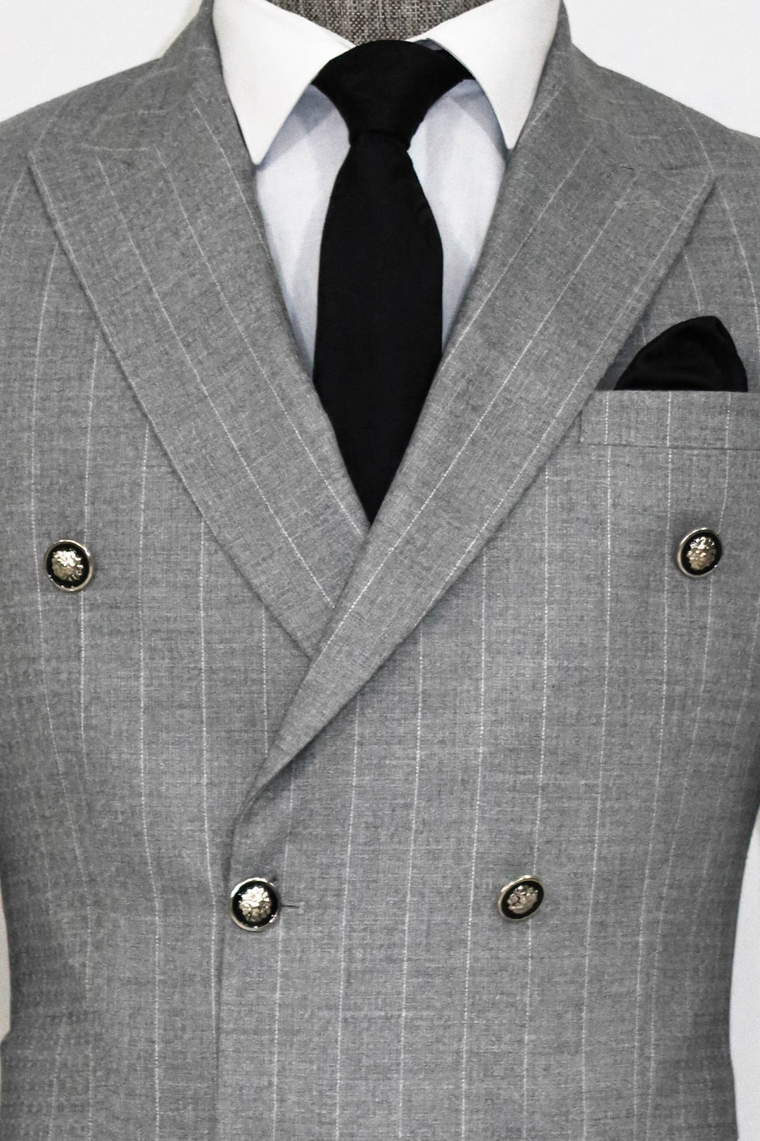 Double Breasted Slim Fit Striped Grey Men Blazer and Trousers Combination - Wessi