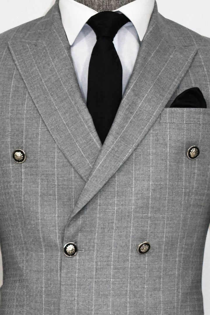 Double Breasted Slim Fit Striped Grey Men Blazer and Trousers Combination - Wessi