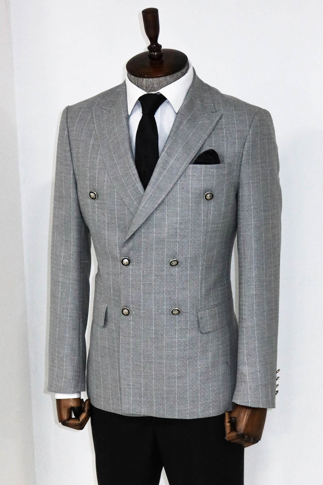 Double Breasted Slim Fit Striped Grey Men Blazer and Trousers Combination - Wessi