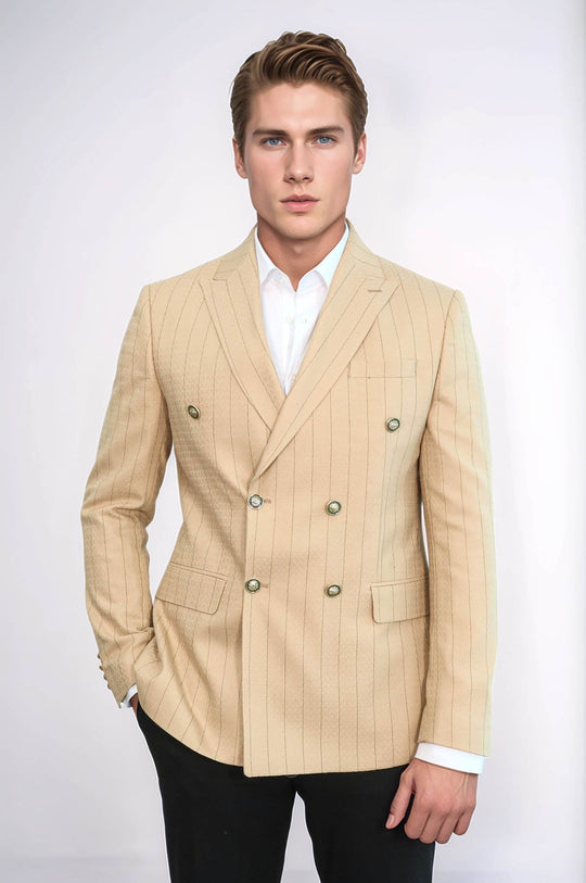 Wessi Double Breasted Slim Fit Striped Cream Men Blazer, Tan, US42