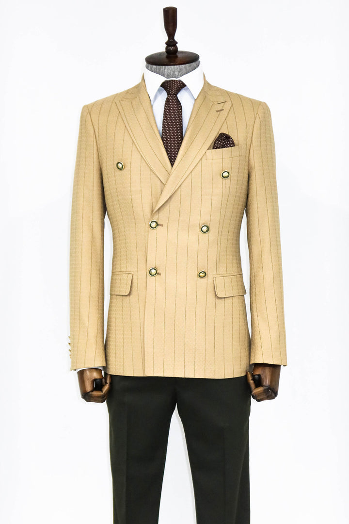 Double Breasted Slim Fit Striped Cream Men Blazer and Trousers Combination- Wessi