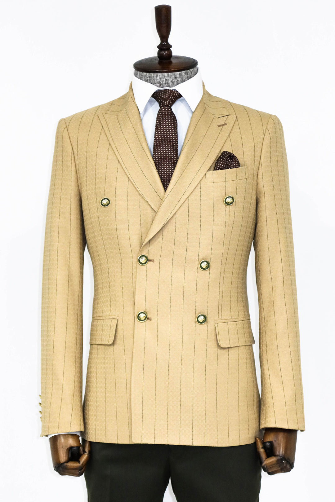 Double Breasted Slim Fit Striped Cream Men Blazer and Trousers Combination- Wessi