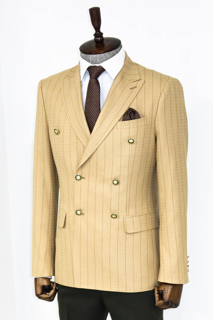 Double Breasted Slim Fit Striped Cream Men Blazer and Trousers Combination- Wessi