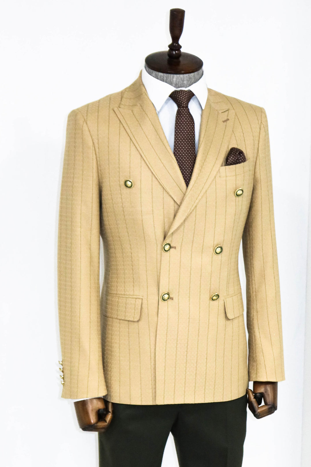 Double Breasted Slim Fit Striped Cream Men Blazer and Trousers Combination- Wessi