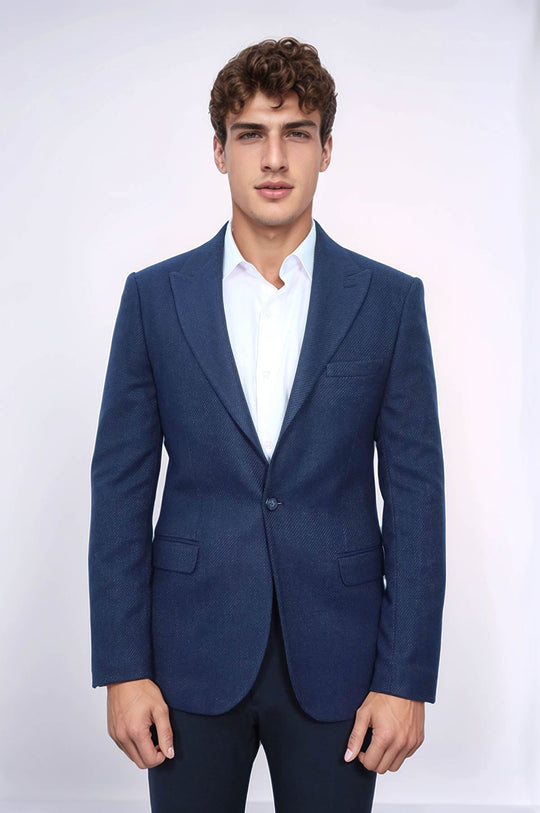 Slim Fit Patterned Dark Blue Men Blazer - Wessi