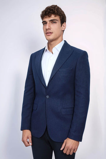Slim Fit Patterned Dark Blue Men Blazer - Wessi