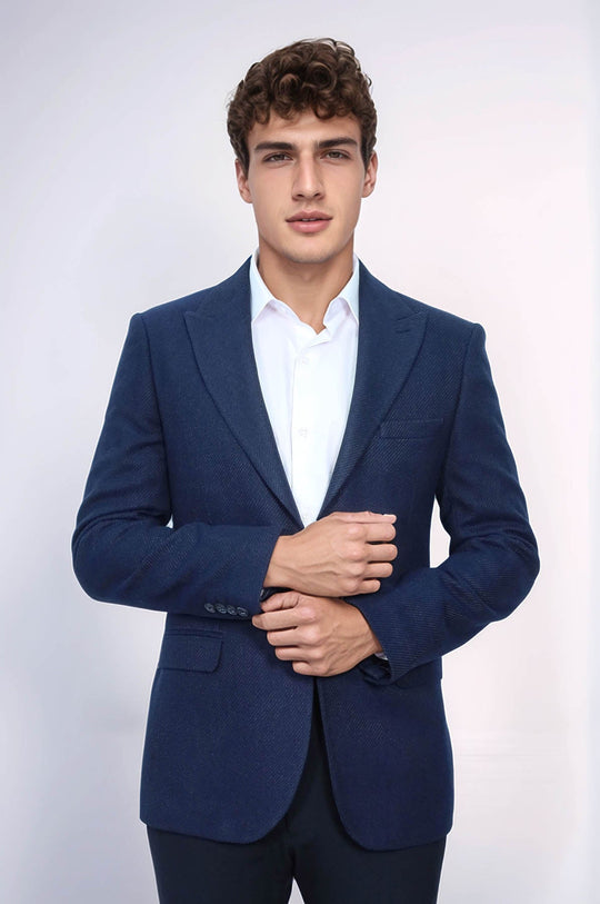 Slim Fit Patterned Dark Blue Men Blazer - Wessi