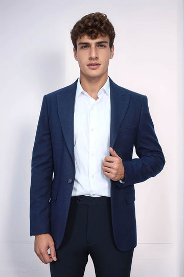 Slim Fit Patterned Dark Blue Men Blazer - Wessi