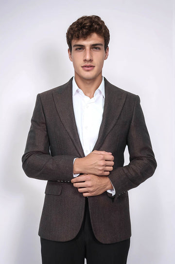 Slim Fit Patterned Brown Men Blazer - Wessi
