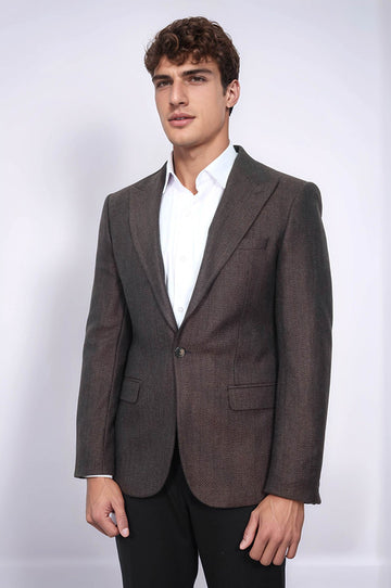 Slim Fit Patterned Brown Men Blazer - Wessi