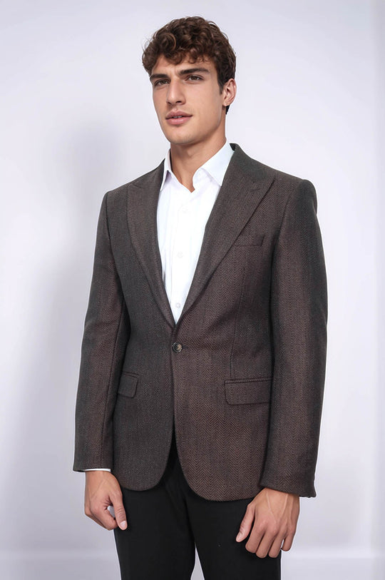 Slim Fit Patterned Brown Men Blazer - Wessi