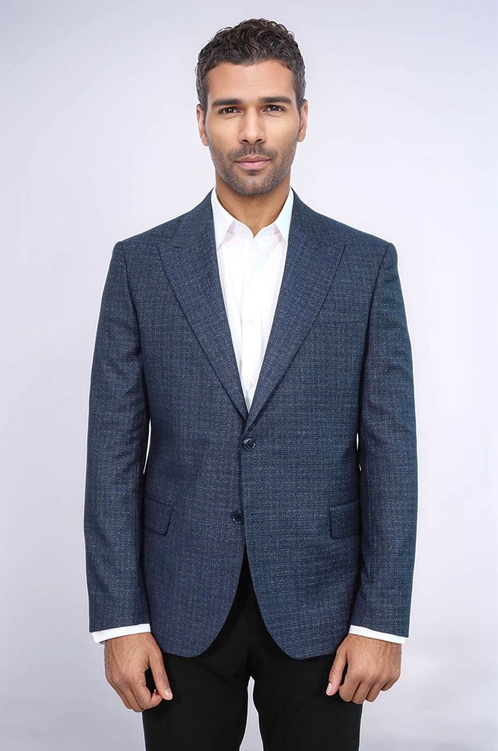Patterned Wide Lapel Navy Blue Men Blazer - Wessi