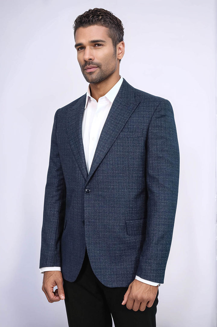 Patterned Wide Lapel Navy Blue Men Blazer - Wessi