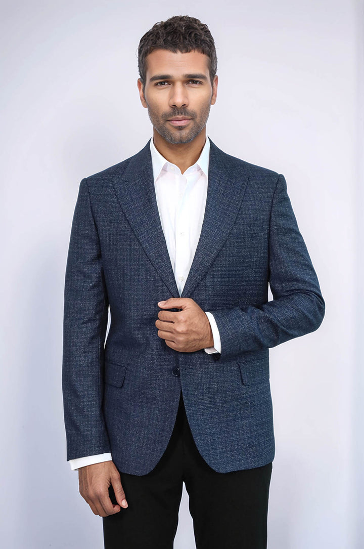Patterned Wide Lapel Navy Blue Men Blazer - Wessi