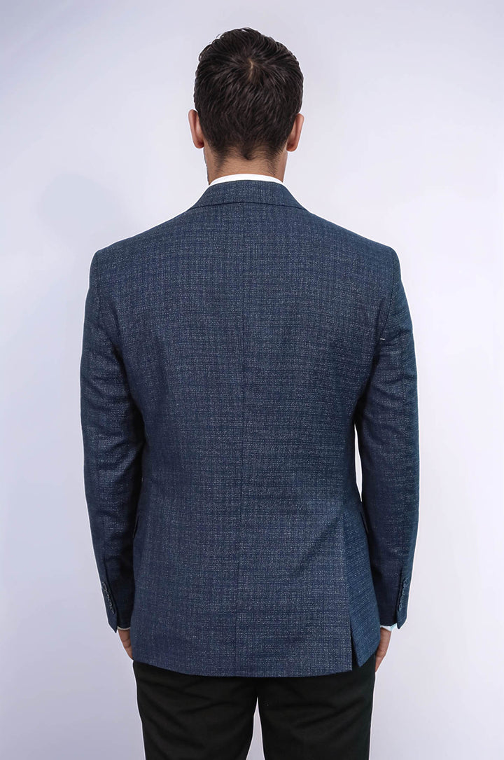Patterned Wide Lapel Navy Blue Men Blazer - Wessi