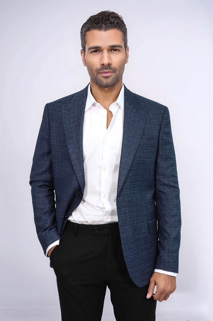 Patterned Wide Lapel Navy Blue Men Blazer - Wessi