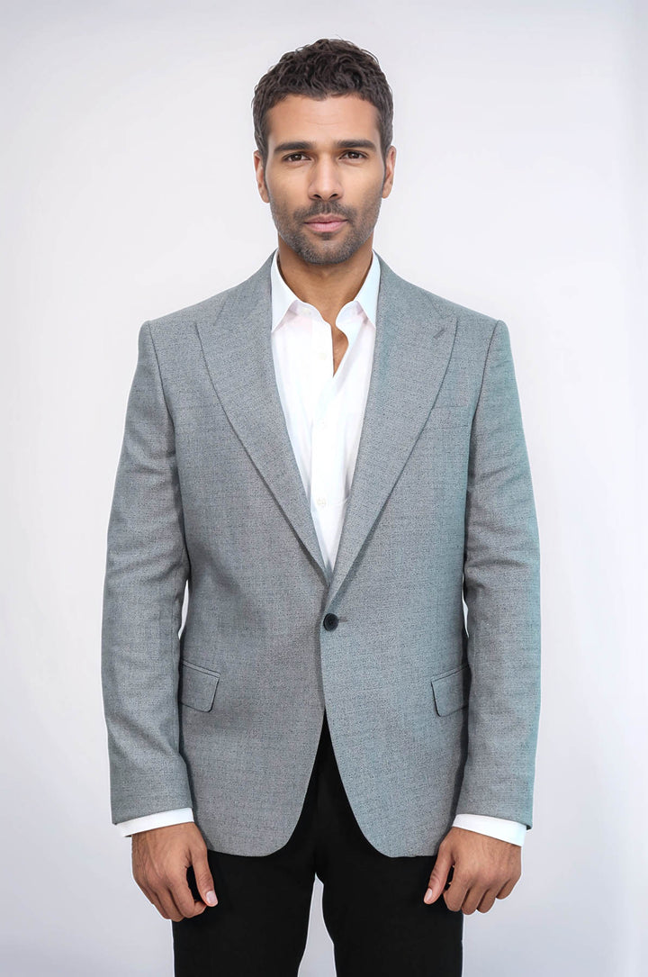 Patterned Wide Lapel Grey Men Blazer - Wessi